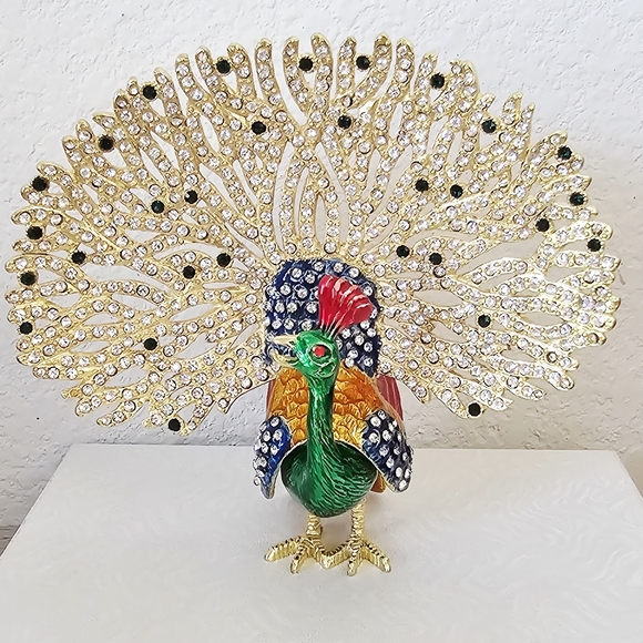 🦚 Peacock 🦚 Heavy Metal Multi-Color Jeweled Figurine Jewelry Holder 233 grams!